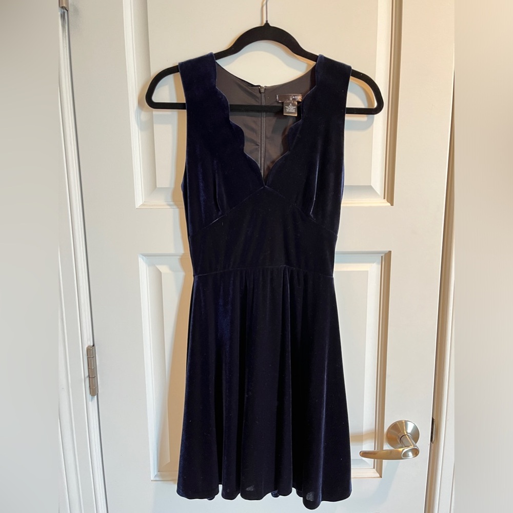Aqua size small mini dress, navy velvet, scallop neckline
